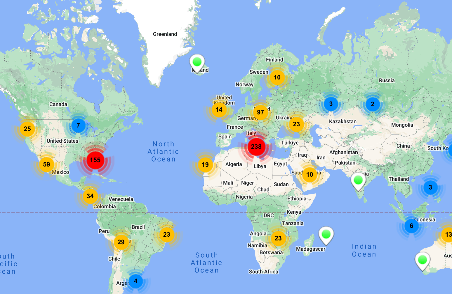 Map of skydiving centers around the world